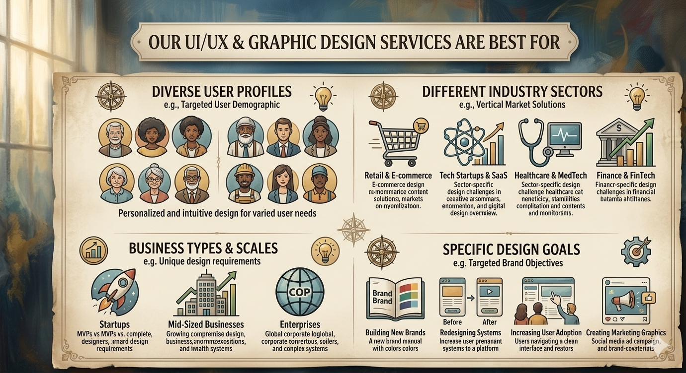 What’s Included in Our UI/UX & Graphic Design Services for Businesses Complete UI UX and graphic design services including wireframes, branding, responsive design, and usability optimization