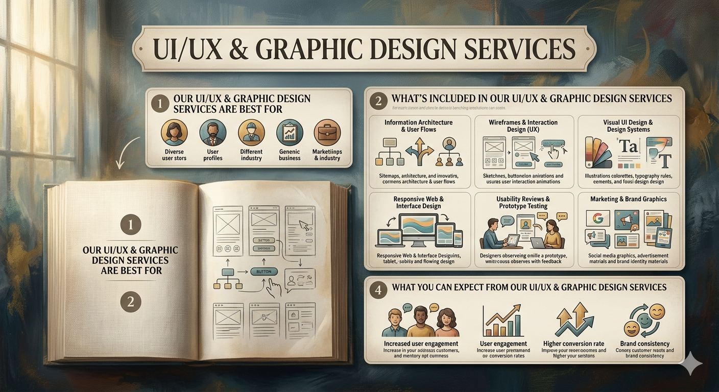 What to Expect from Our UI/UX & Graphic Design Services UI UX and graphic design services delivering user-friendly experiences, modern visuals, and stronger brand engagement
