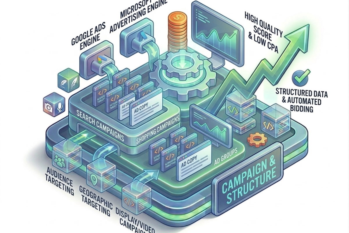 Campaign and account structure setup in search engine marketing SEM services for better ad performance and ROI
